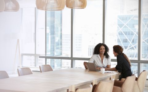 Two women working in modern office well lit by natural light