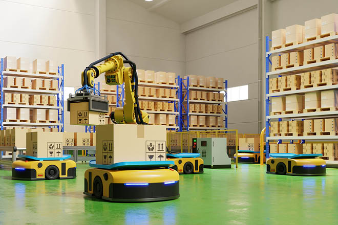 A robot taking and packing boxes from shelves in a warehouse