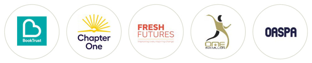 logos: BookTrust, Chapter One, Fresh Futures, One in a Million, OASPA